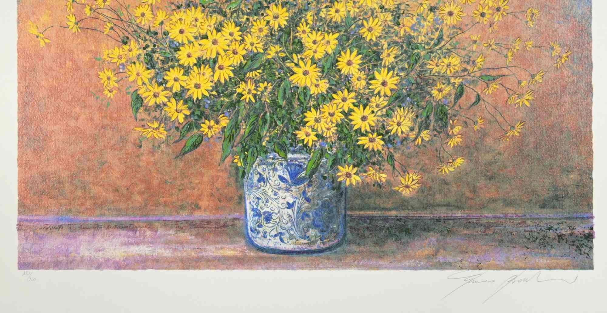 Vase of Jerusalem Artichoke Flowers - Screen Print by Franco Bocchi - 1980s en vente 1