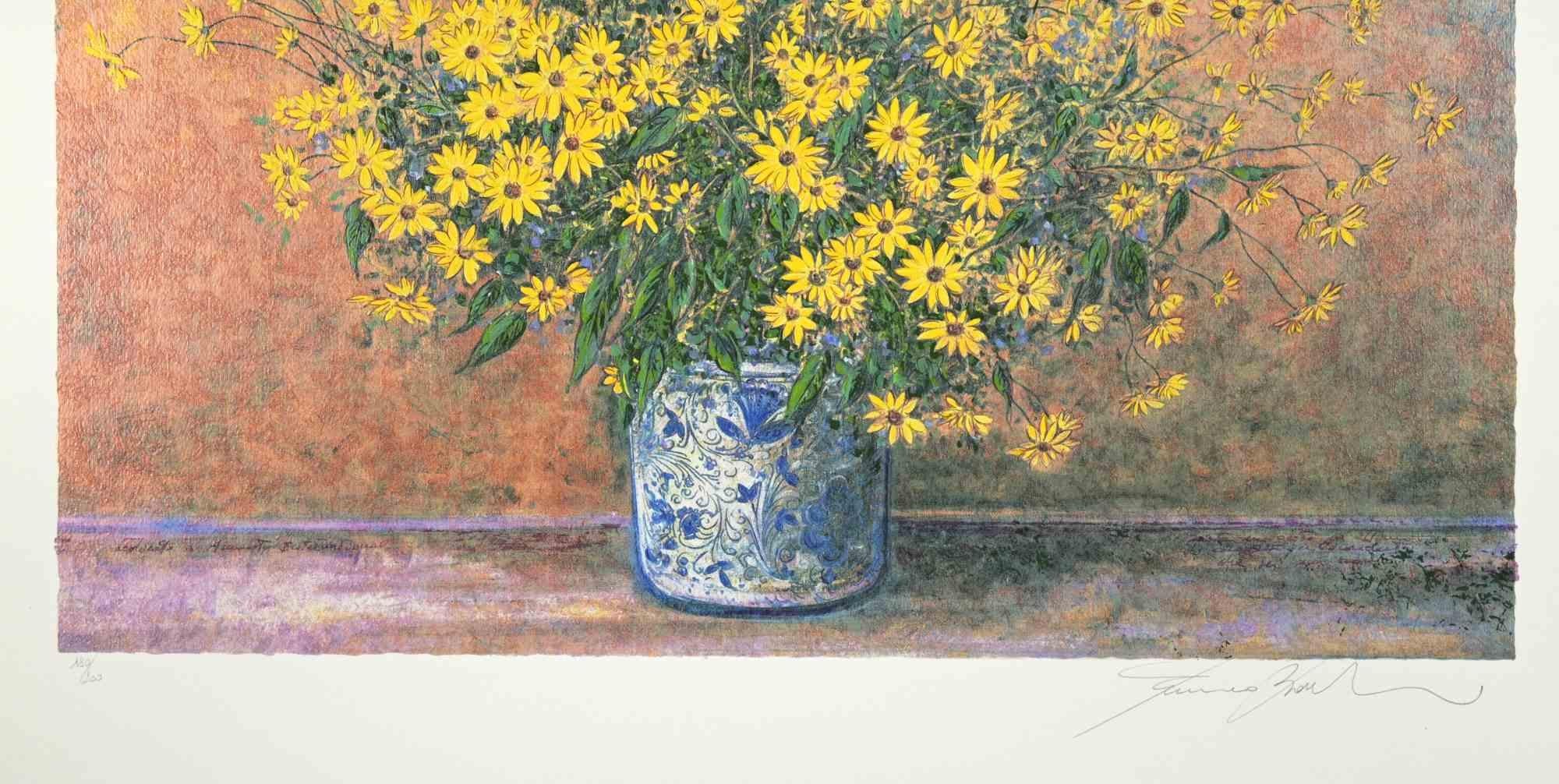 Vase of Jerusalem Artichoke Flowers - Screen Print by Franco Bocchi - 1980s For Sale 1