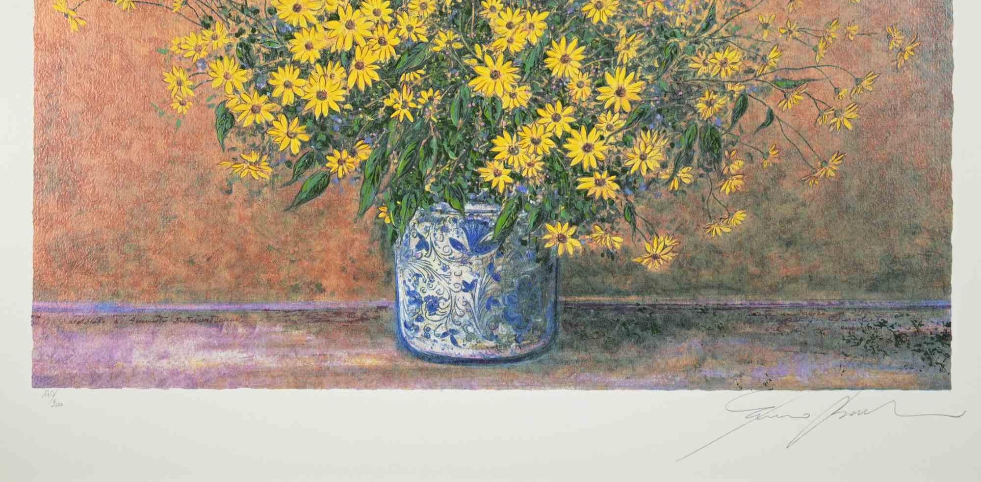 Vase of Jerusalem Artichoke Flowers - Screen Print by Franco Bocchi - 1980s For Sale 1