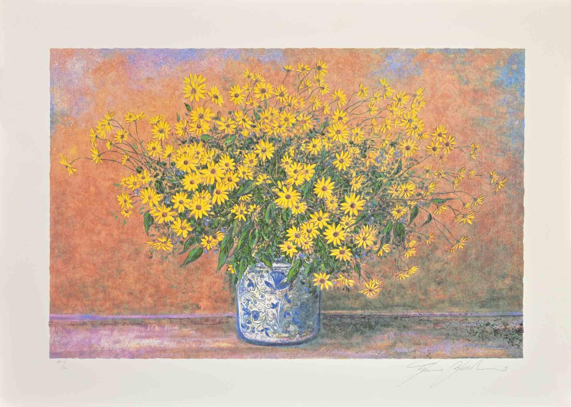 Vase of Jerusalem Artichoke Flowers is an original modern artwork realized by Franco Bocchi in 1980s.

Mixed colored screen print.

Hand signed on the lower margin.

 Numbered on the lower left margin. Edition of 200 prints.

Franco Bocchi was born