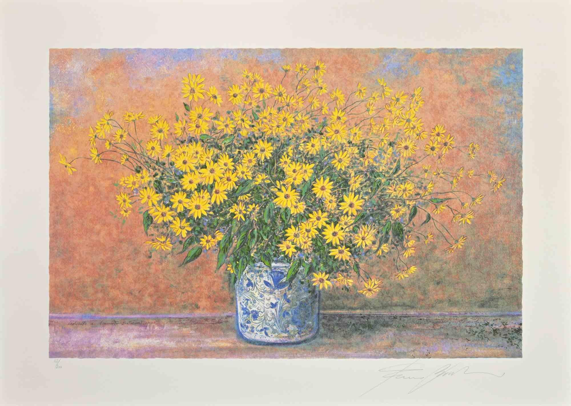 Vase of Jerusalem Artichoke Flowers is a modern artwork realized by Franco Bocchi in 1980s.

Mixed colored screen print.

Hand signed on the lower margin.

 Numbered on the lower left margin. Edition of 200 prints.

Franco Bocchi was born in Cologne