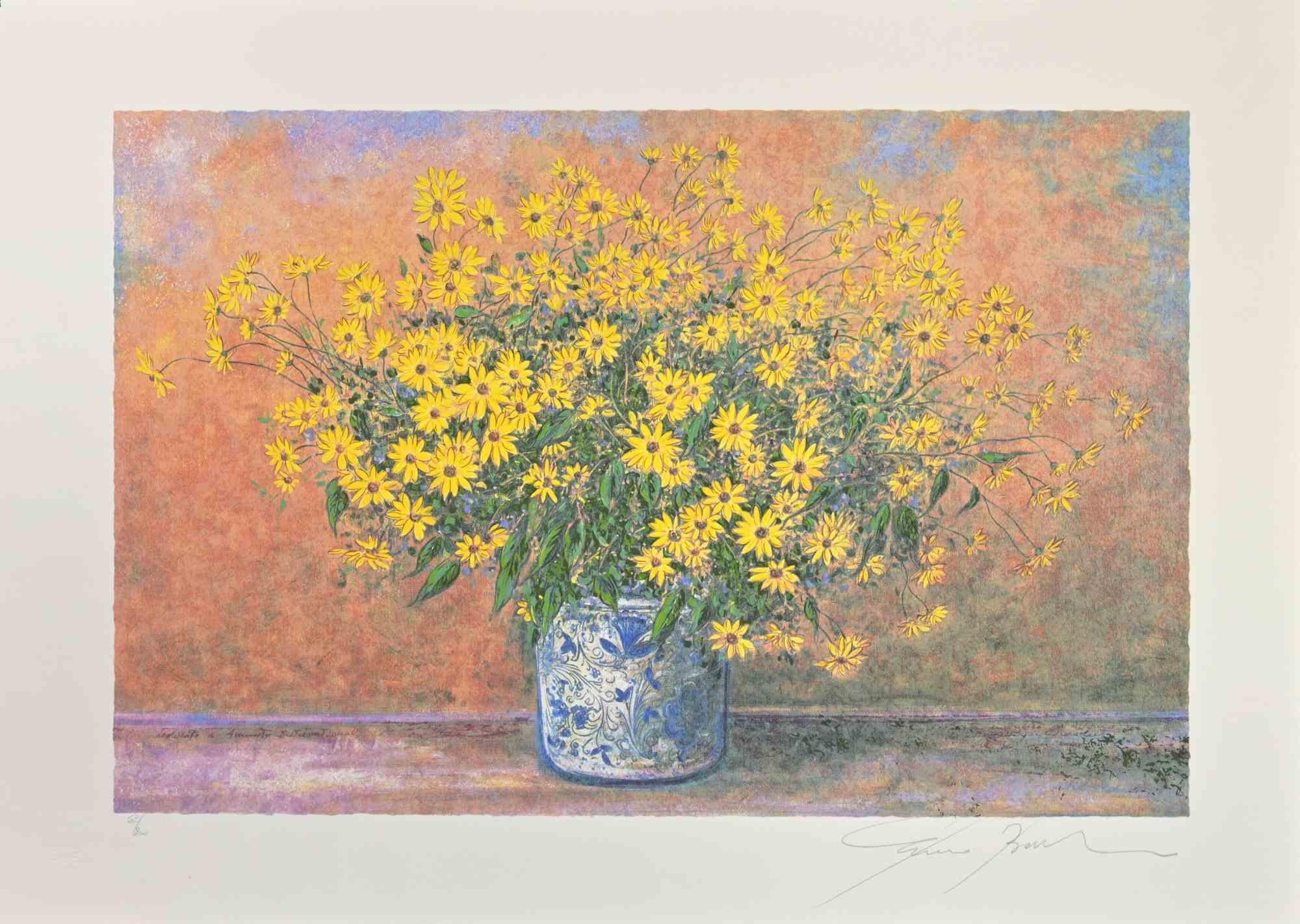 Vase of Jerusalem Artichoke Flowers is a modern artwork realized by Franco Bocchi in 1980s.

Mixed colored screen print.

Hand signed on the lower margin.

 Numbered on the lower left margin. Edition of 200 prints.

Franco Bocchi was born in Cologne