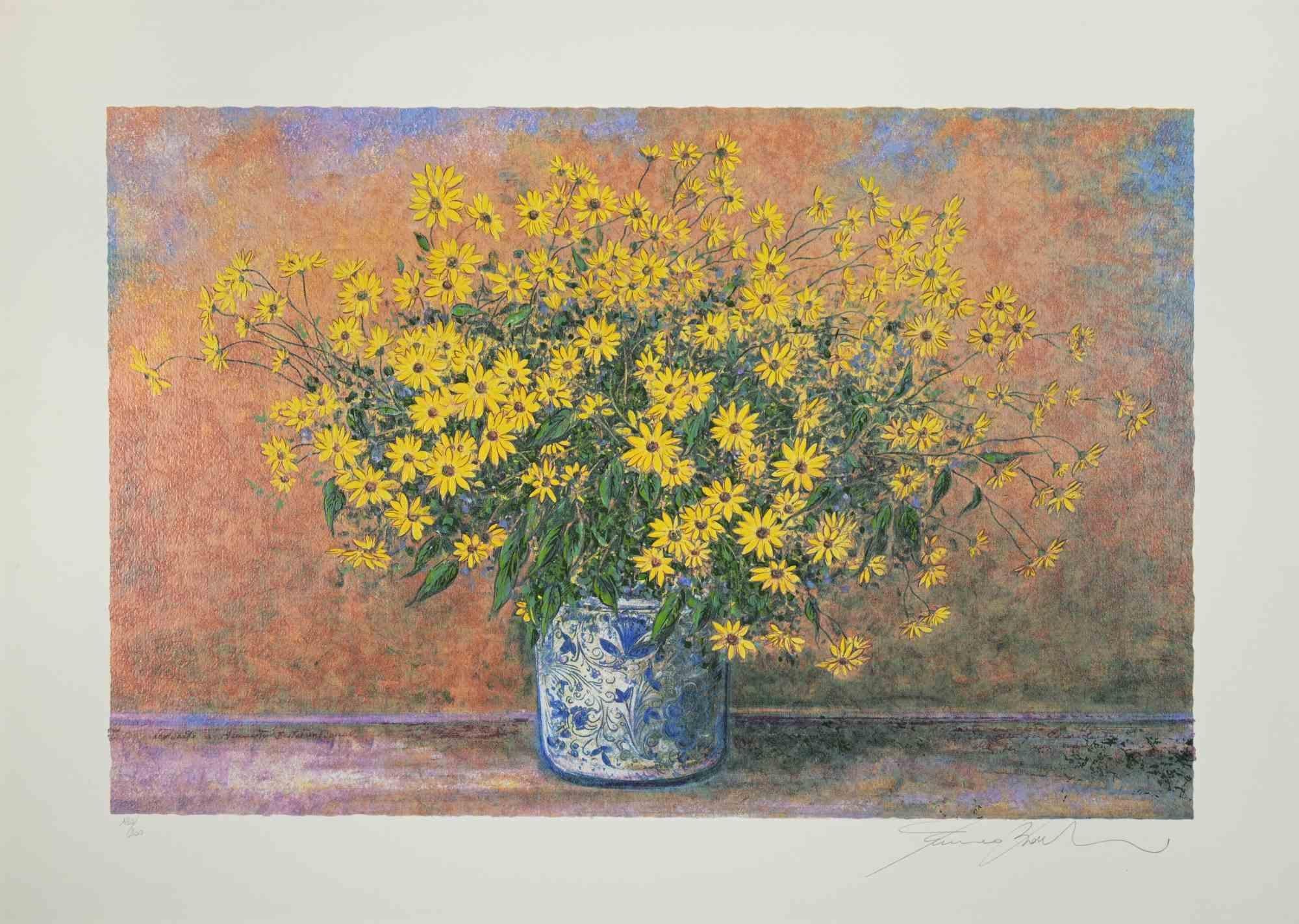Vase of Jerusalem Artichoke Flowers - Screen Print by Franco Bocchi - 1980s