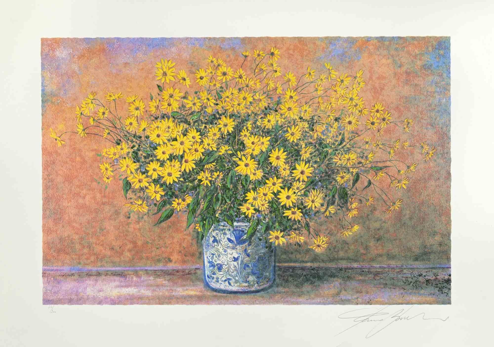 Vaso di fiori di topinambur - Serigrafia di Franco Bocchi - anni '80