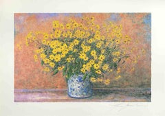 Vase aus Jerusalem Artichoke-Blumen – Siebdruck von Franco Bocchi – 1980er Jahre