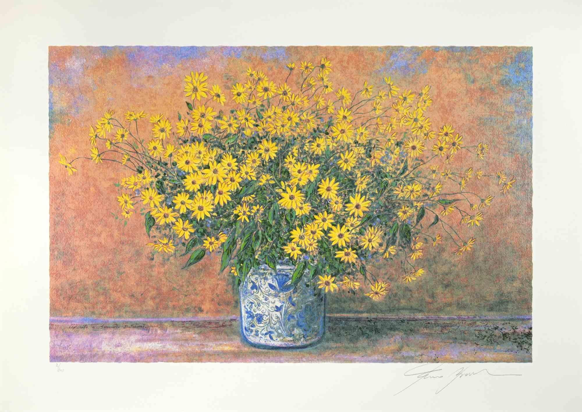Vase of Jerusalem Artichoke Flowers - Screen Print by Franco Bocchi - 1980s