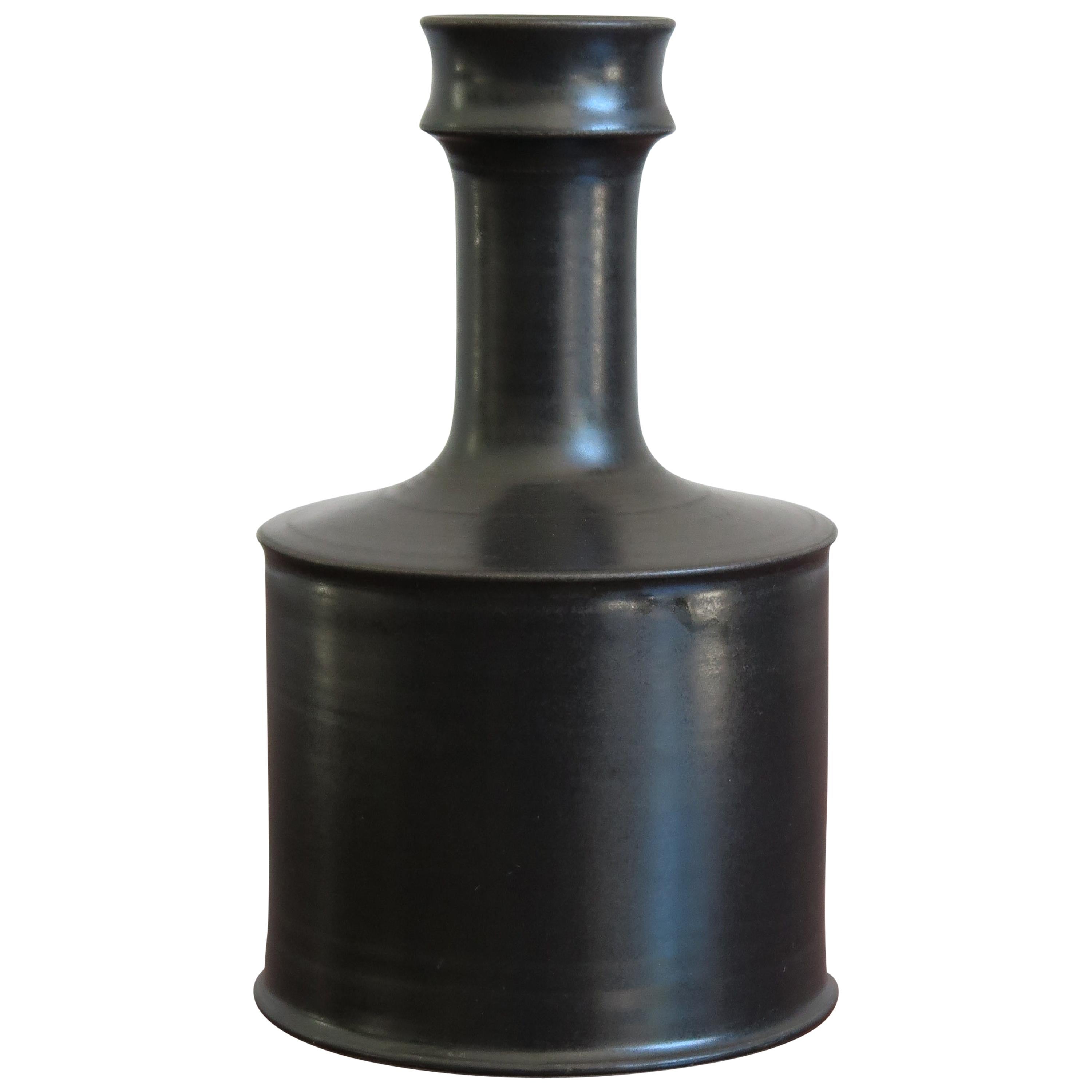 Franco Bucci Italian Black Ceramic Bottle Vase, 1970s