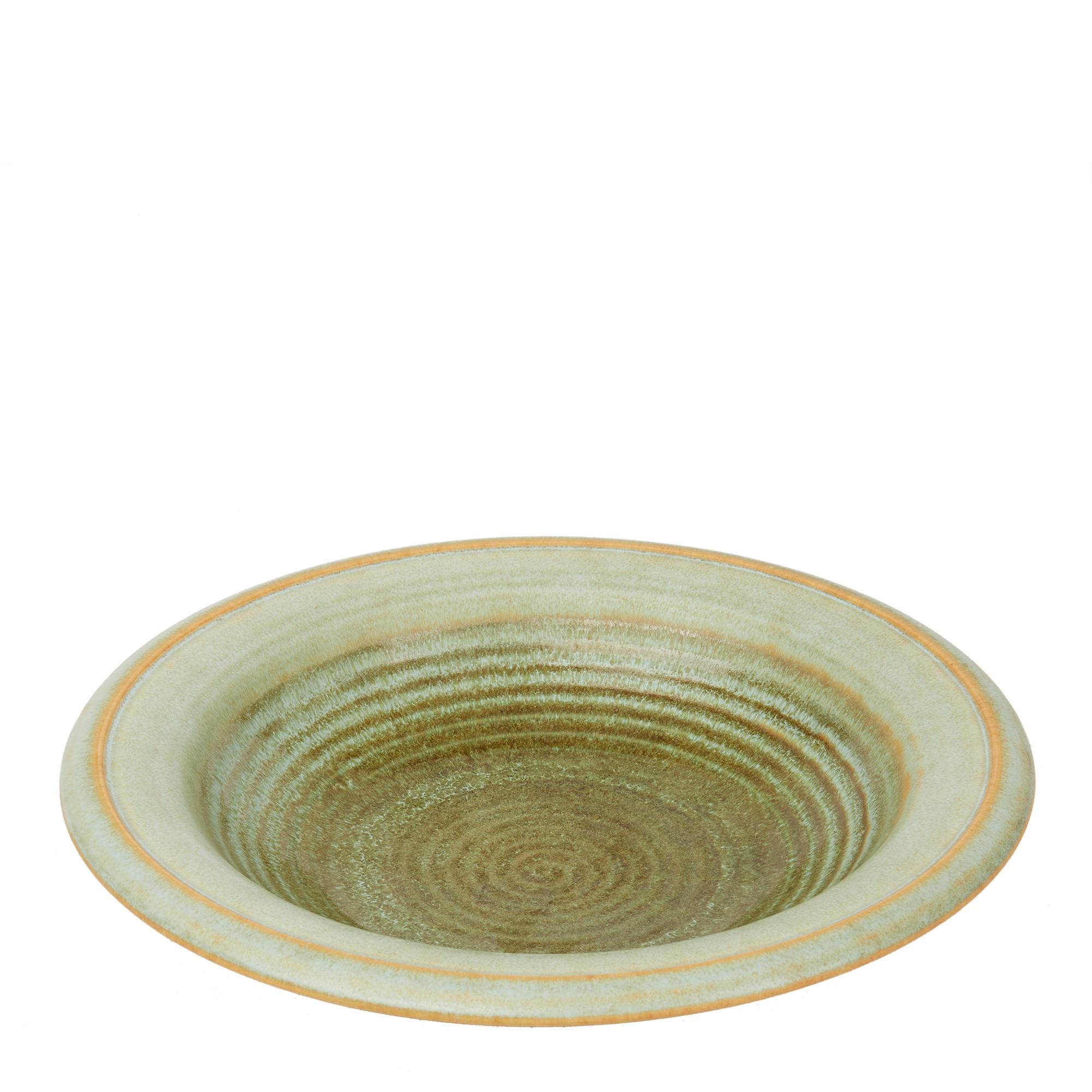 A stylish Modernist midcentury Italian art pottery bowl designed by Franco Bucci for Labortorio Pesaro. The rounded handcrafted stoneware bowl stands on a narrow round unglazed foot and is if wide shallow shape with a wide flat rimmed edge. The body