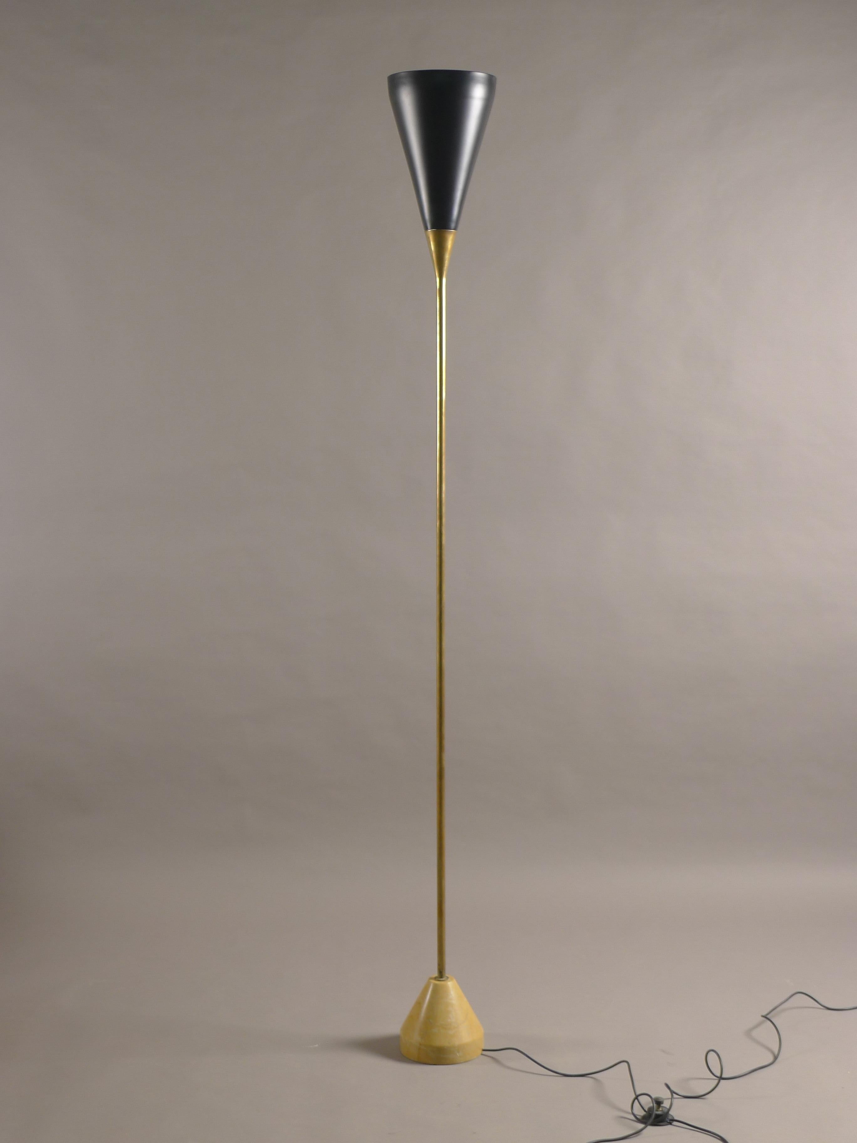 Franco Buzzi for Oluce , Italy , model B-30 1952 . Formed marble base with brass stem and black enamelled metasl shade . 

Original floor switch , nice patination to all parts . 