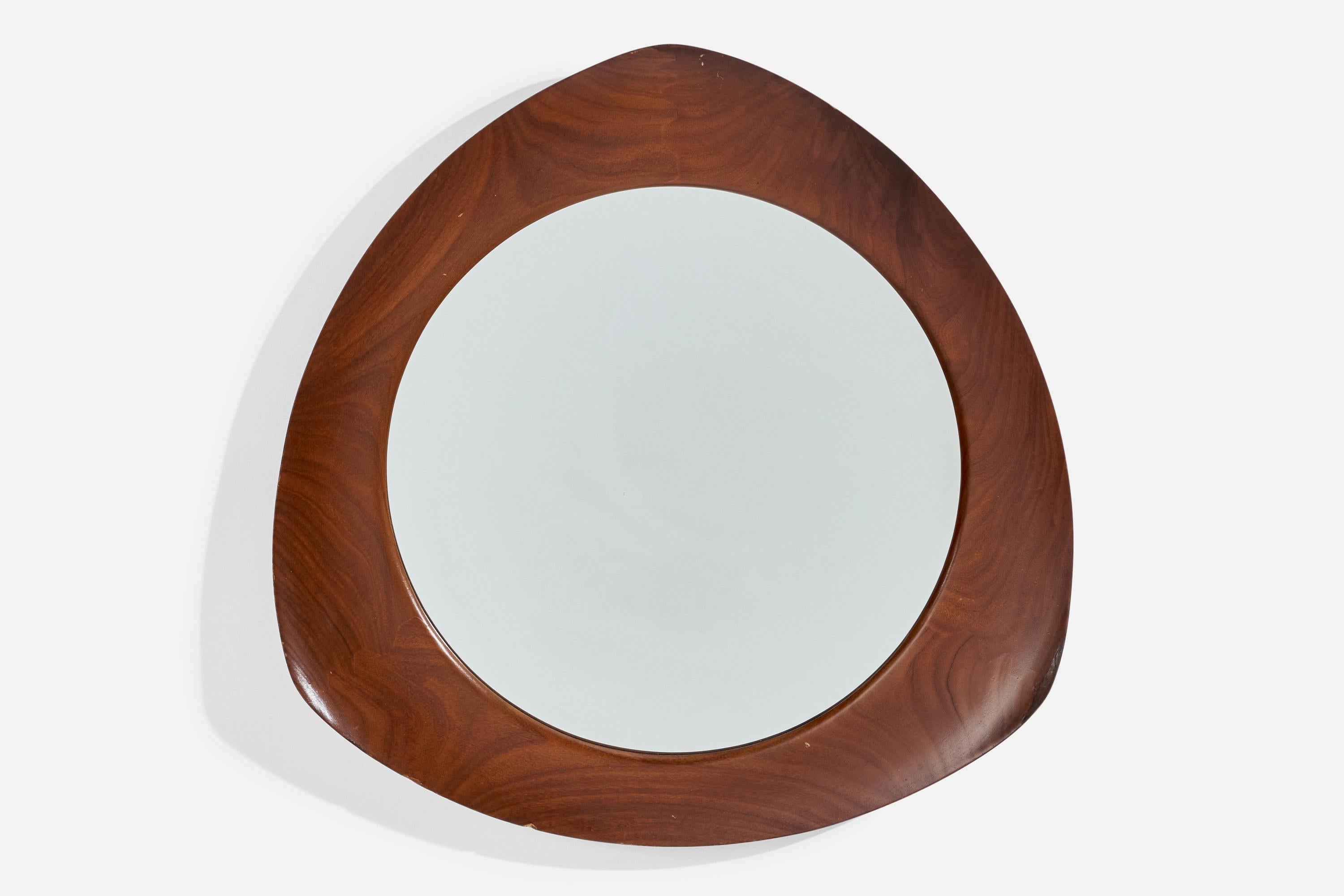 A walnut wall mirror designed and produced by Franco Campo & Carlo Graffi, Italy, 1950s.

