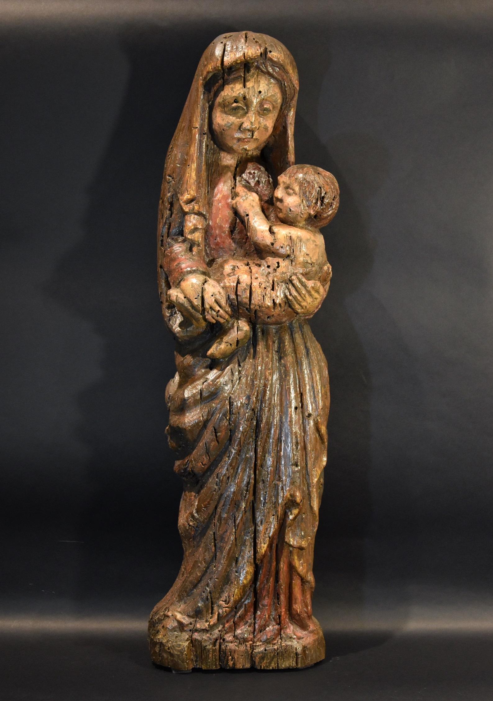 Virgin and Child

Franco-Spanish sculptor from the Catalan/Pyrenean area
Late Middle Ages, 13th-14th century

Carved oak, flat back

Height: 67 cm

Fascinating and rare wooden sculpture depicting the full-length Virgin holding the Child with her