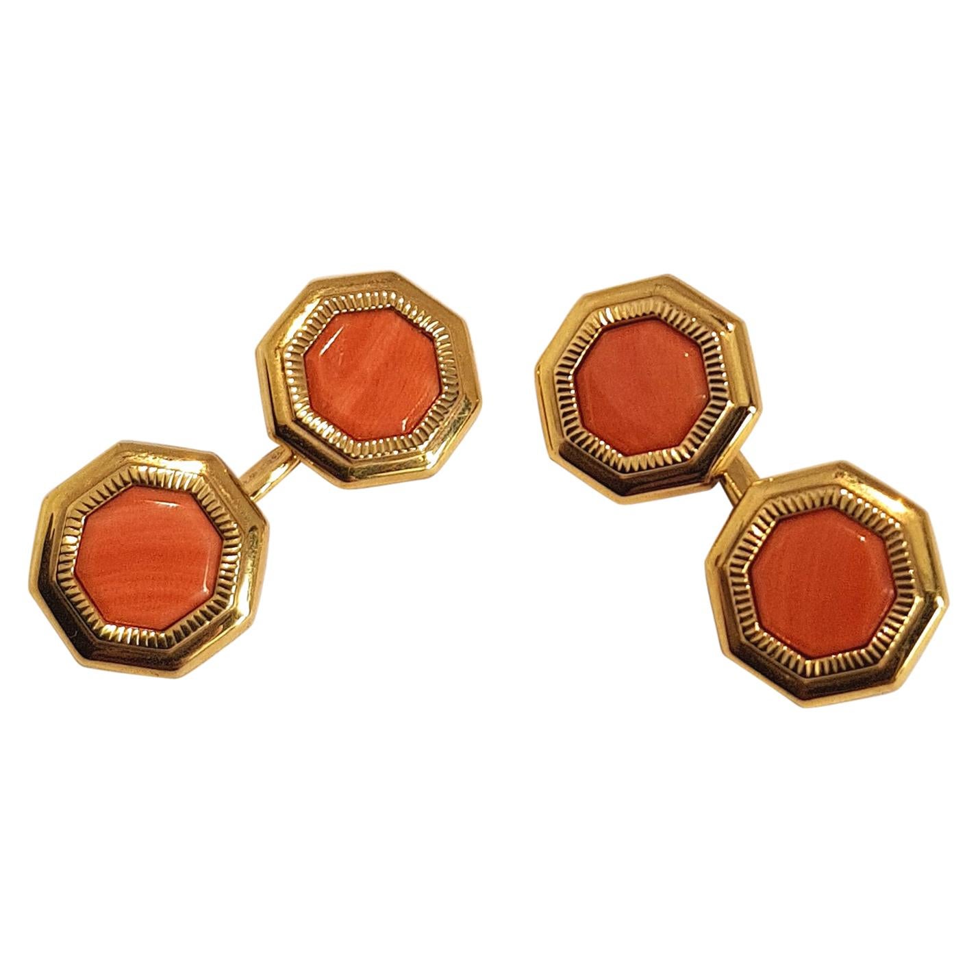 Franco Corti Italian 18 Karat Gold and Sardinian Coral Cufflinks