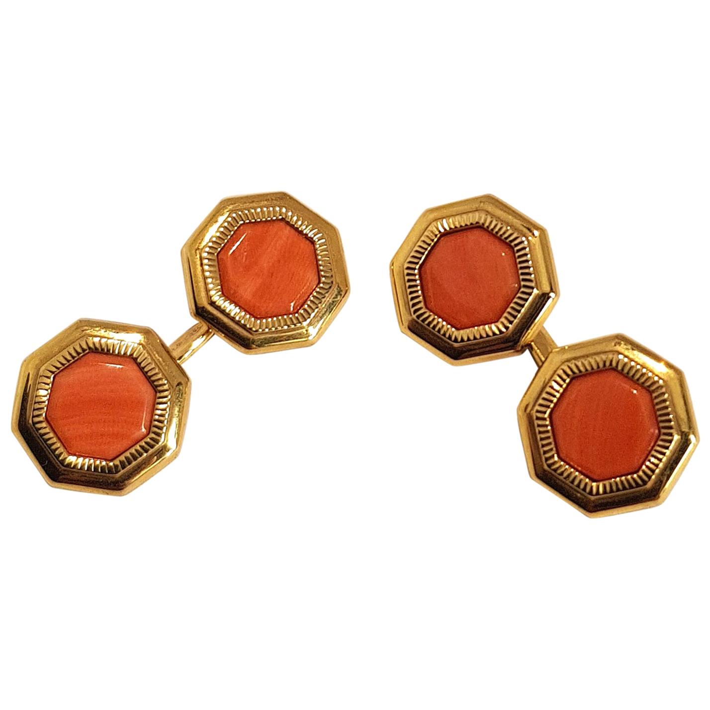 Franco Corti Italian 18 Karat Gold and Sardinian Coral Cufflinks