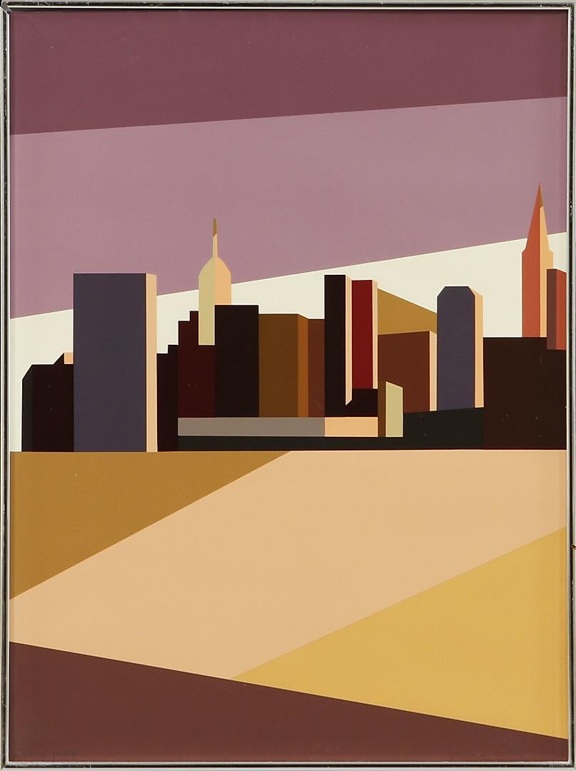 This is a unique piece of art by Italian artist Franco Costa, Italy. The work is a triptyk and contains three separate pieces that together forms a city skyline. Signed on the middle piece by the artist as well as signed 