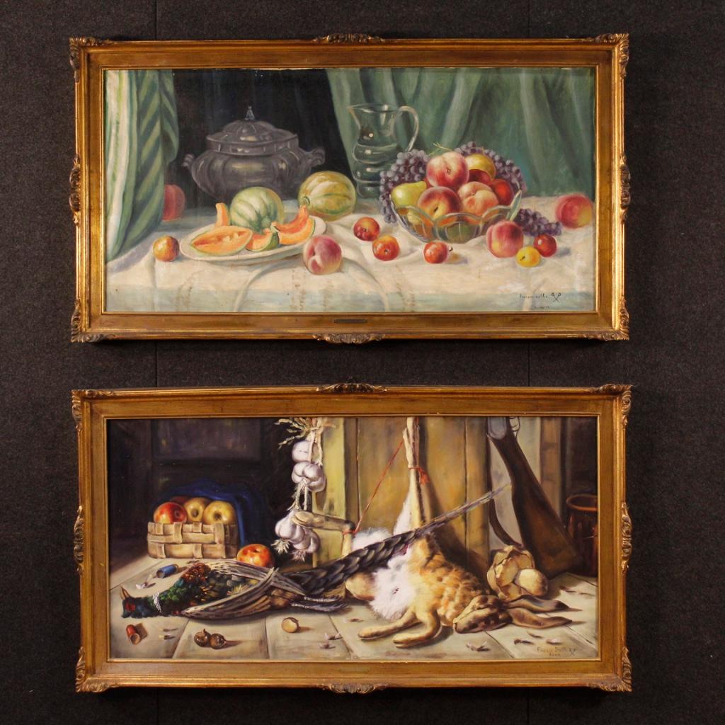 Great Italian painting from the mid-20th century. Framework oil on canvas depicting still life with fruit and game of good pictorial quality. Painting of great measure and pleasant decor signed in the lower right corner (Franco dalle Spade, Rome).