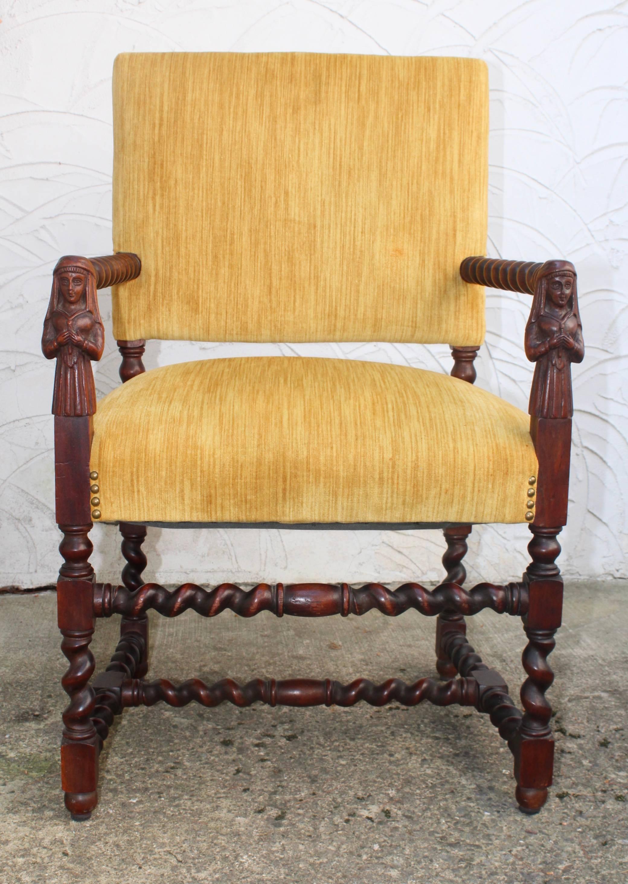 Stunning late 1800s Franco Flemish carved walnut armchair, in original vintage condition with vintage upholstery.