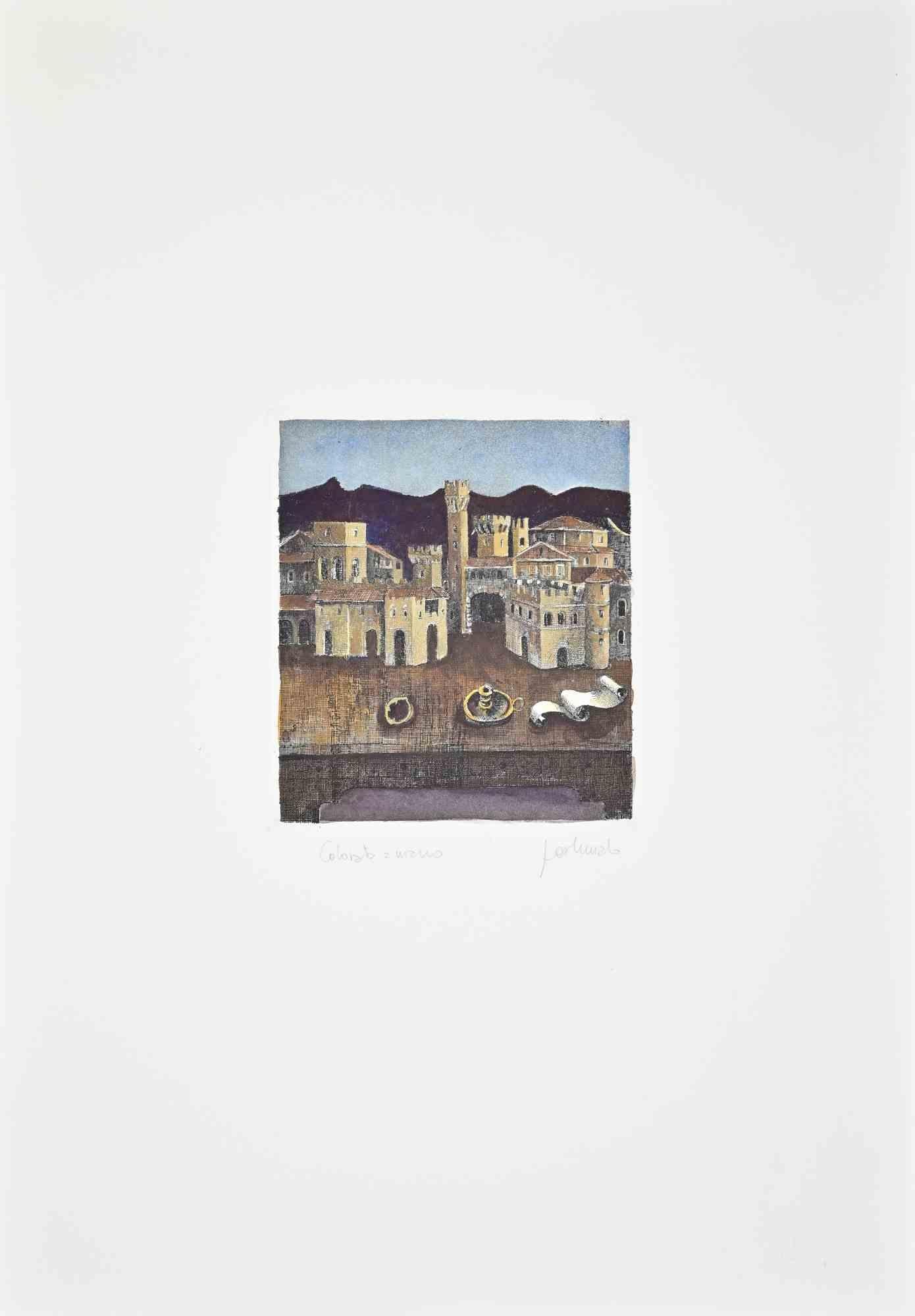 Cityscape - Etching by Franco Fortunato - 1990s