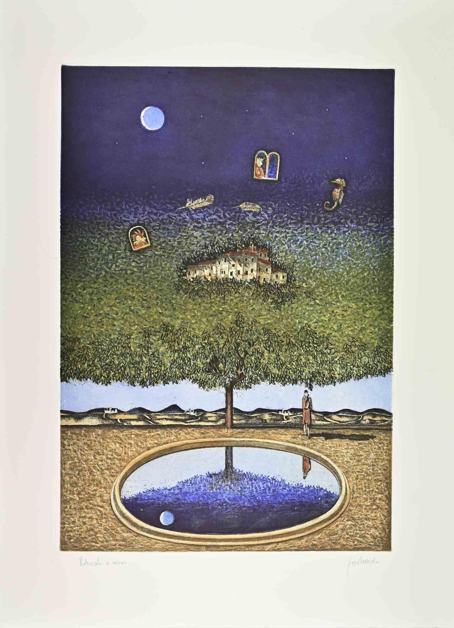 Color lithograph on paper.

Hand signed.

Artist Proof.

Excellent condition.

This poetic work by Franco Fortunato presents a surreal night landscape filled with quiet symbolism and refined detail.

At the center stands a large tree, its foliage