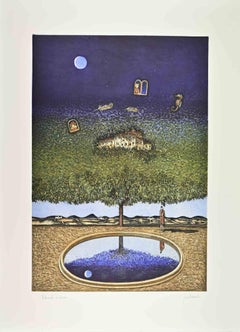 Dreamlike Landscape with Tree, Moon... - Etching by Franco Fortunato - 1990s