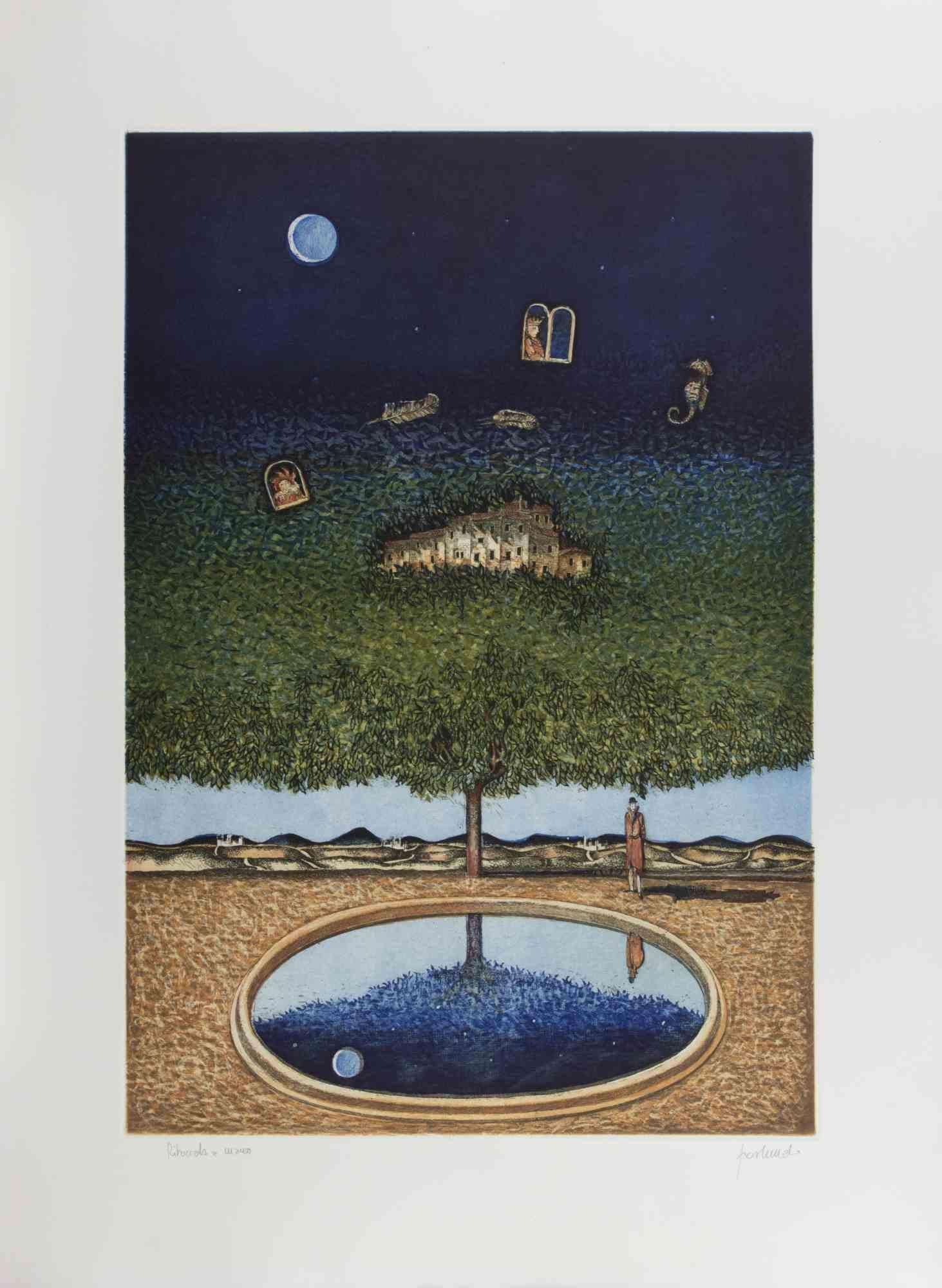 Dreamlike Landscape with Tree, Moon... - Lithograph by Franco Fortunato - 1990s