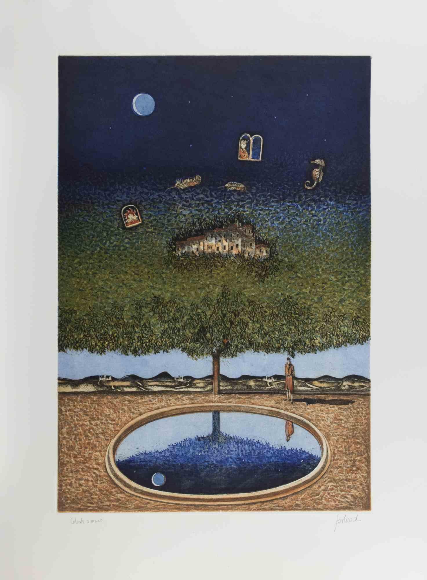 Lithographie couleur sur papier.

Signé à la main.

Artistics Proof.

Excellent état.

Cette œuvre poétique de Franco Fortunato présente un paysage nocturne surréaliste rempli de symbolisme tranquille et de détails raffinés.

Au centre se dresse un