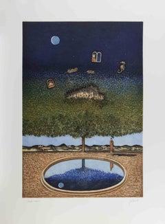 Dreamlike Landscape with Tree, Moon... - Lithograph by Franco Fortunato - 1990s