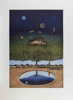 Dreamlike Landscape with Tree, Moon... - Lithograph by Franco Fortunato - 1990s