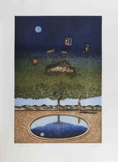 Dreamlike Landscape with Tree, Moon... - Lithograph by Franco Fortunato - 1990s