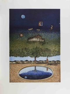 Dreamlike Landscape with Tree, Moon... - Lithograph by Franco Fortunato - 1990s