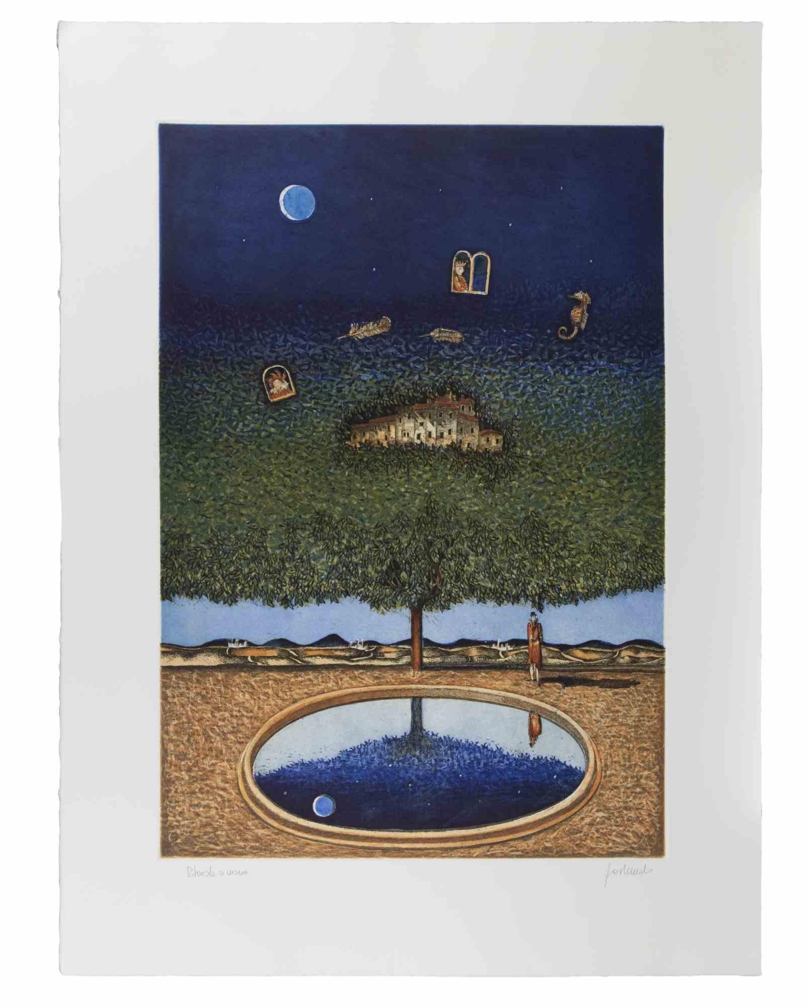 Paesaggio onirico con albero, luna... - Litografia di Franco Fortunato - Anni '90