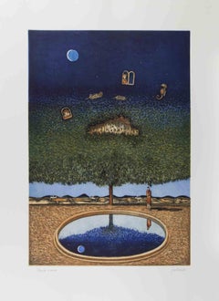 Dreamlike Landscape with Tree, Moon... - Lithograph by Franco Fortunato - 1990s