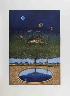 Traumhafte Landschaft mit Baum, Mond... - Lithographie von Franco Fortunato - 1990er Jahre