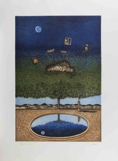 Dreamlike Landscape with Tree, Moon... - Lithograph by Franco Fortunato - 1990s
