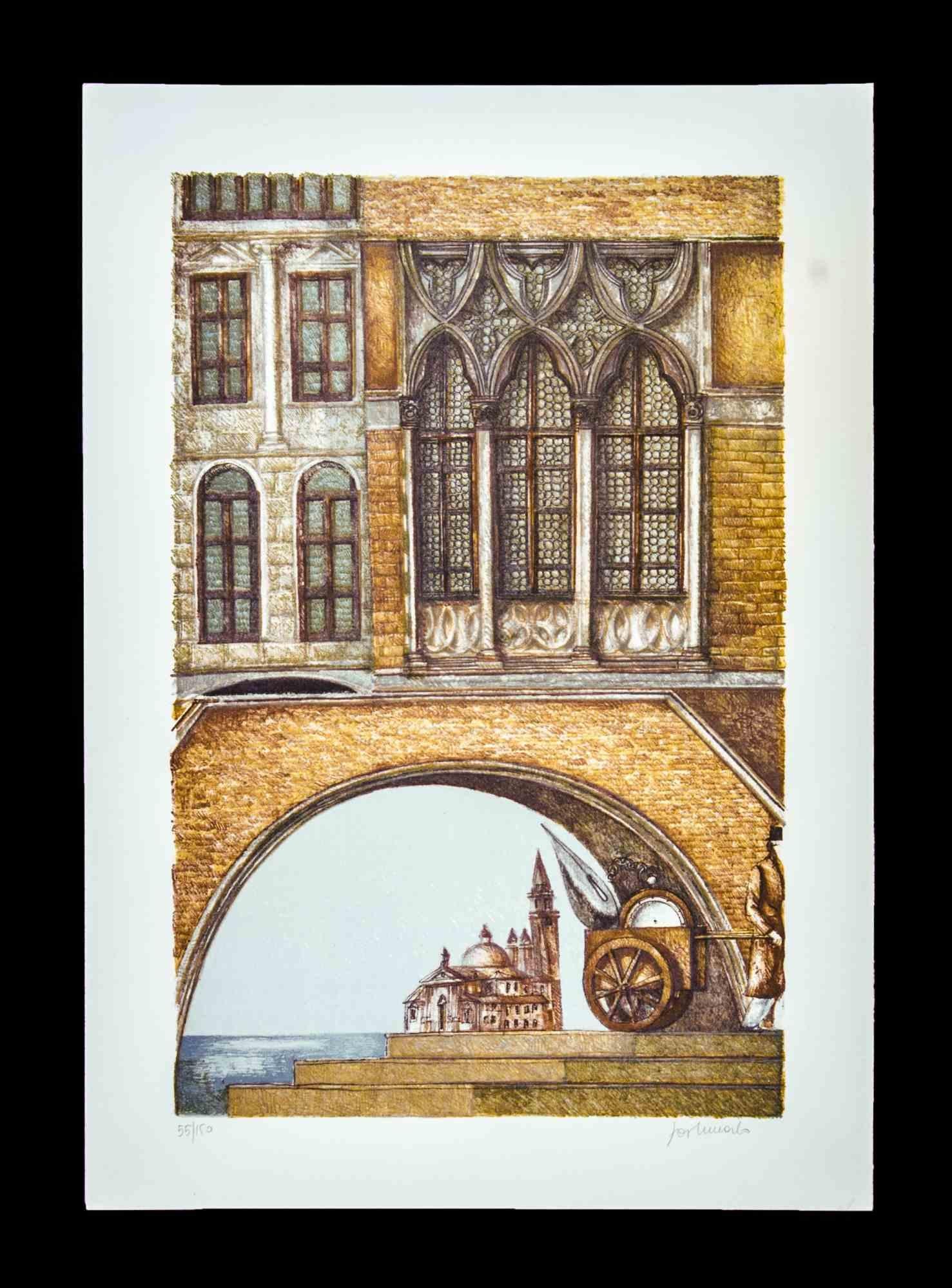 Color lithograph, on Magnani-Pescia paper. Paper size 35cmx50cm, work size 27cmx42cm. Excellent condition, no defects. 
Born in Rome in 1946, Franco Fortunato is an autodidact, following a scientifically oriented study path.
His artistic training