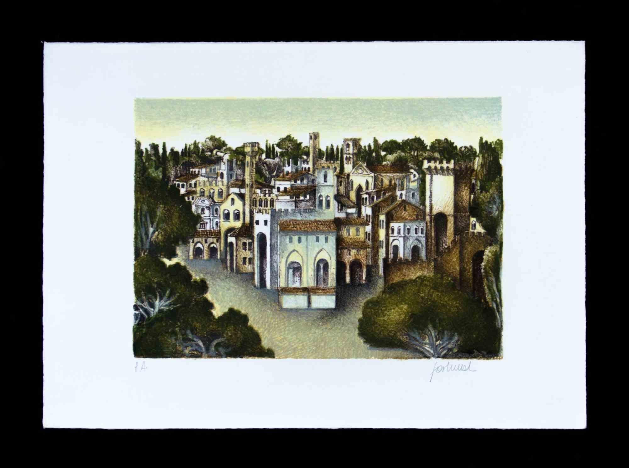 Color lithograph, on Magnani-Pescia paper. Paper size 35cmx25cm, work size 24cmx17cm. Excellent condition, no defects. 
Born in Rome in 1946, Franco Fortunato is an autodidact, following a scientifically oriented study path.
His artistic training