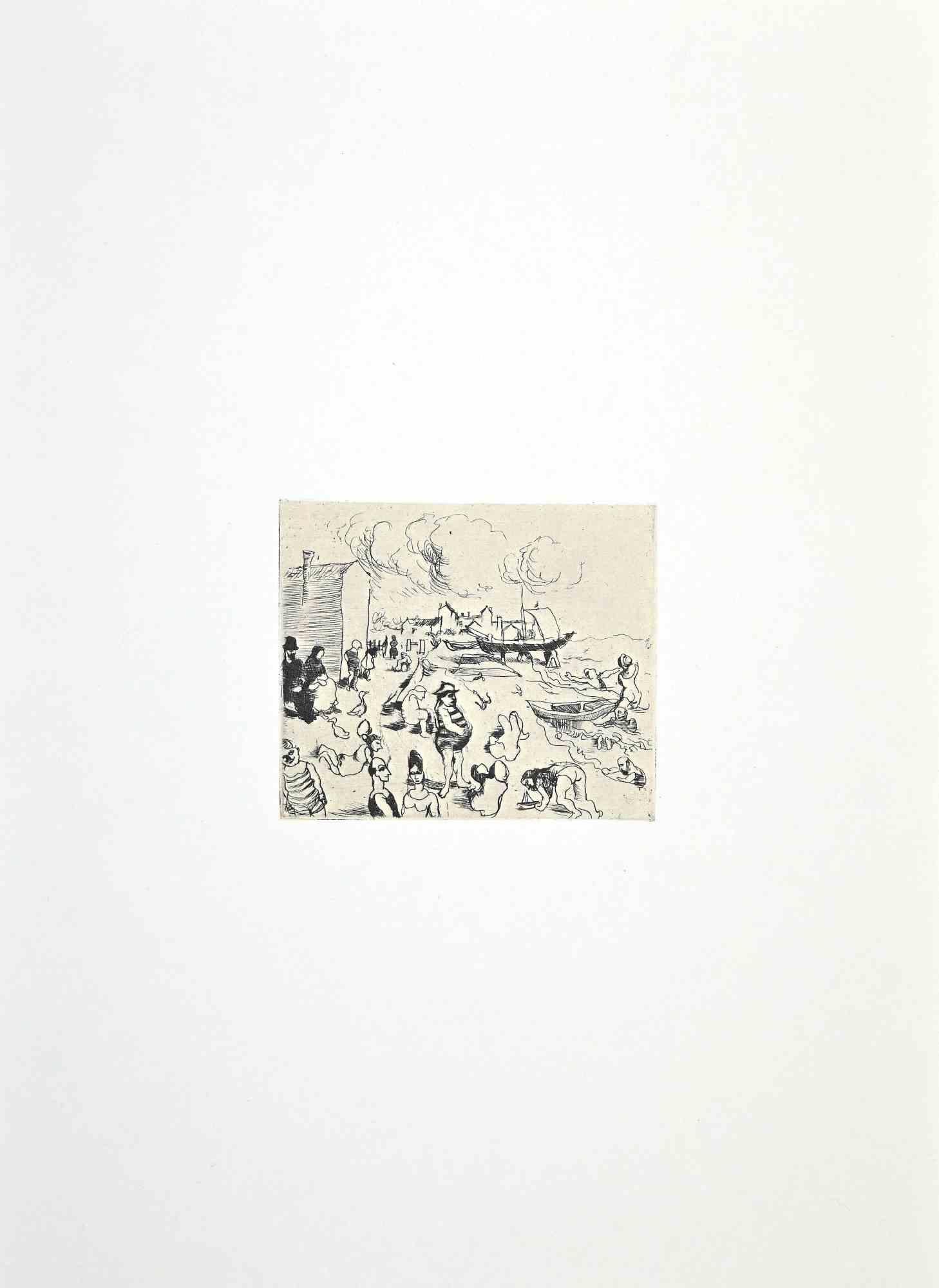 À la mer est une impression offset d'époque sur papier de couleur ivoire, réalisée par Franco Gentilini (peintre italien, 1909-1981) dans les années 1970.

L'état de conservation des œuvres d'art est excellent.

Franco Gentilini ( Peintre italien,