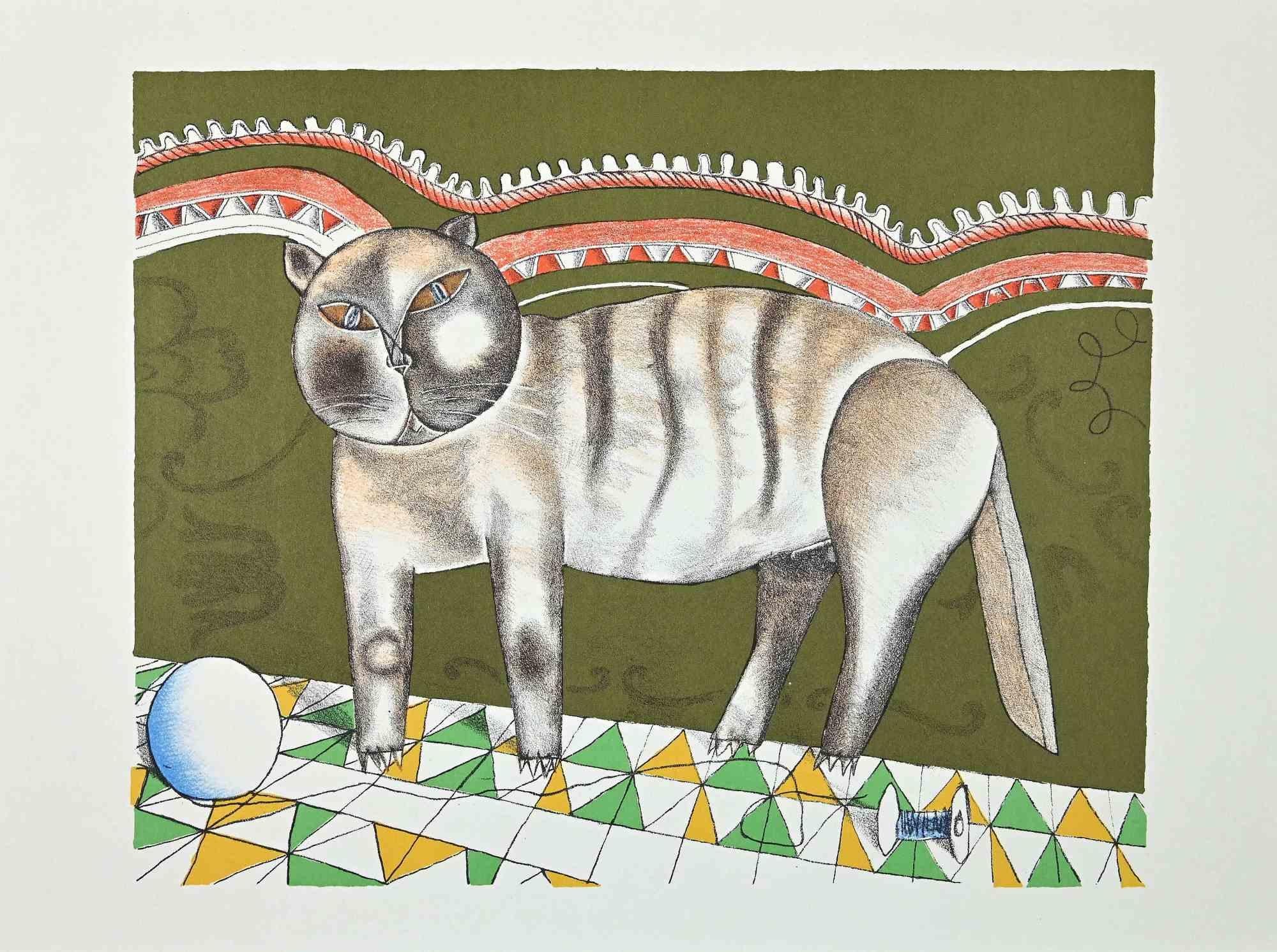 Die Katze ist ein originaler Vintage-Offsetdruck auf elfenbeinfarbenem Papier, der von Franco Gentilini (italienischer Maler, 1909-1981) in den 1970er Jahren realisiert wurde.

Der Erhaltungszustand der Kunstwerke ist ausgezeichnet.

Franco