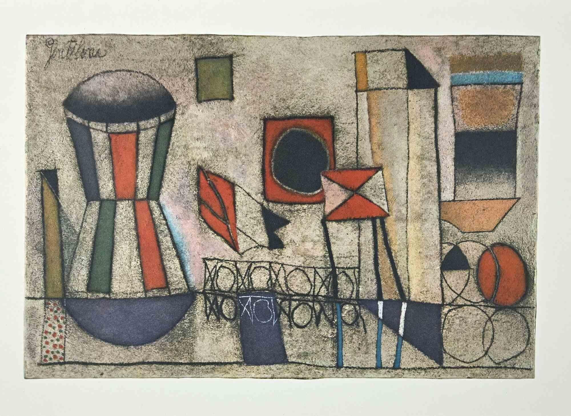 Abstrakte Komposition ist ein Vintage-Offsetdruck auf elfenbeinfarbenem Papier, der von Franco Gentilini (italienischer Maler, 1909-1981) in den 1970er Jahren realisiert wurde.

Der Erhaltungszustand der Kunstwerke ist ausgezeichnet.

Franco