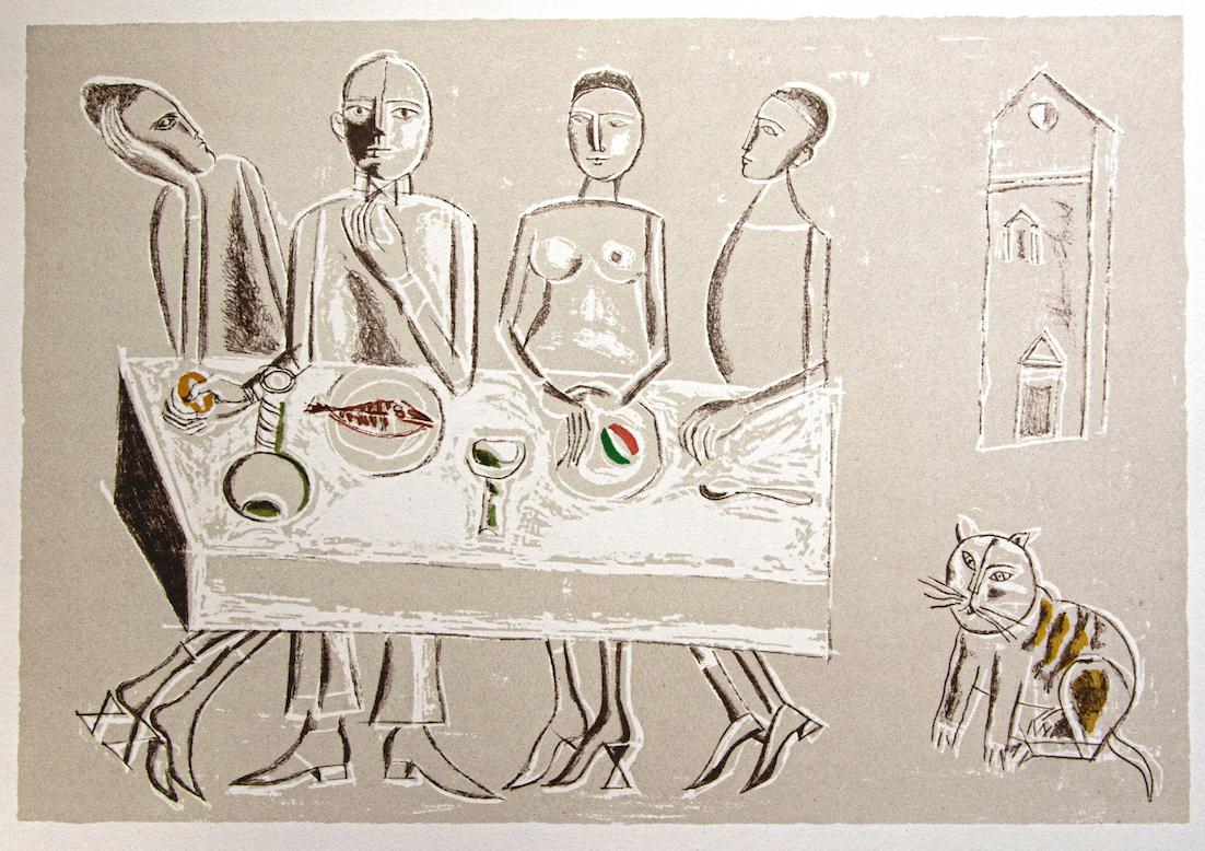 Dining ist ein originaler Vintage-Offsetdruck auf elfenbeinfarbenem Papier, realisiert von Franco Gentilini (italienischer Maler, 1909-1981) in den 1970er Jahren.

Der Erhaltungszustand der Kunstwerke ist ausgezeichnet.

Franco Gentilini