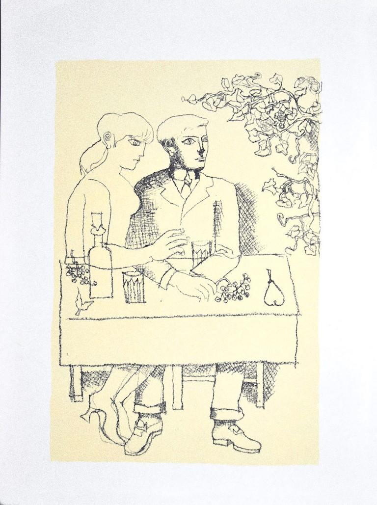 Dining is an original photo-lithography artwork on ivory-colored paper, realized by Franco Gentilini (Italian Painter, 1909-1981), in the Late 20th Century, the artwork represents lovers on the table.

The state of preservation of the artwork is