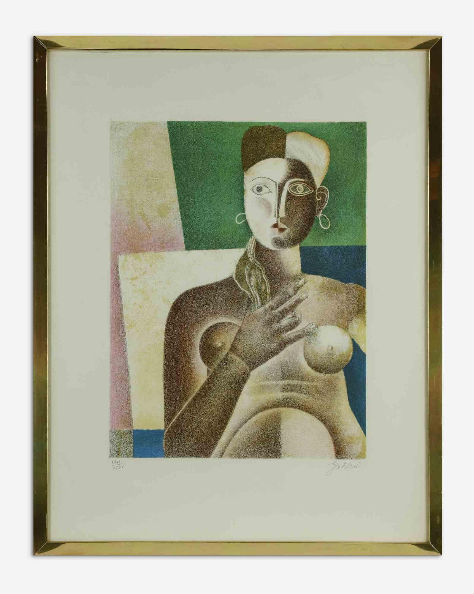 Face is an original contemporary artwork realized by Franco Gentilini in 1970s.

Mixed colored lithograph.

Hand signed and numbered on the lower margin.

Edition of XXVI/XXXV.

Includes frame: 74 x 1.5 x 58 cm