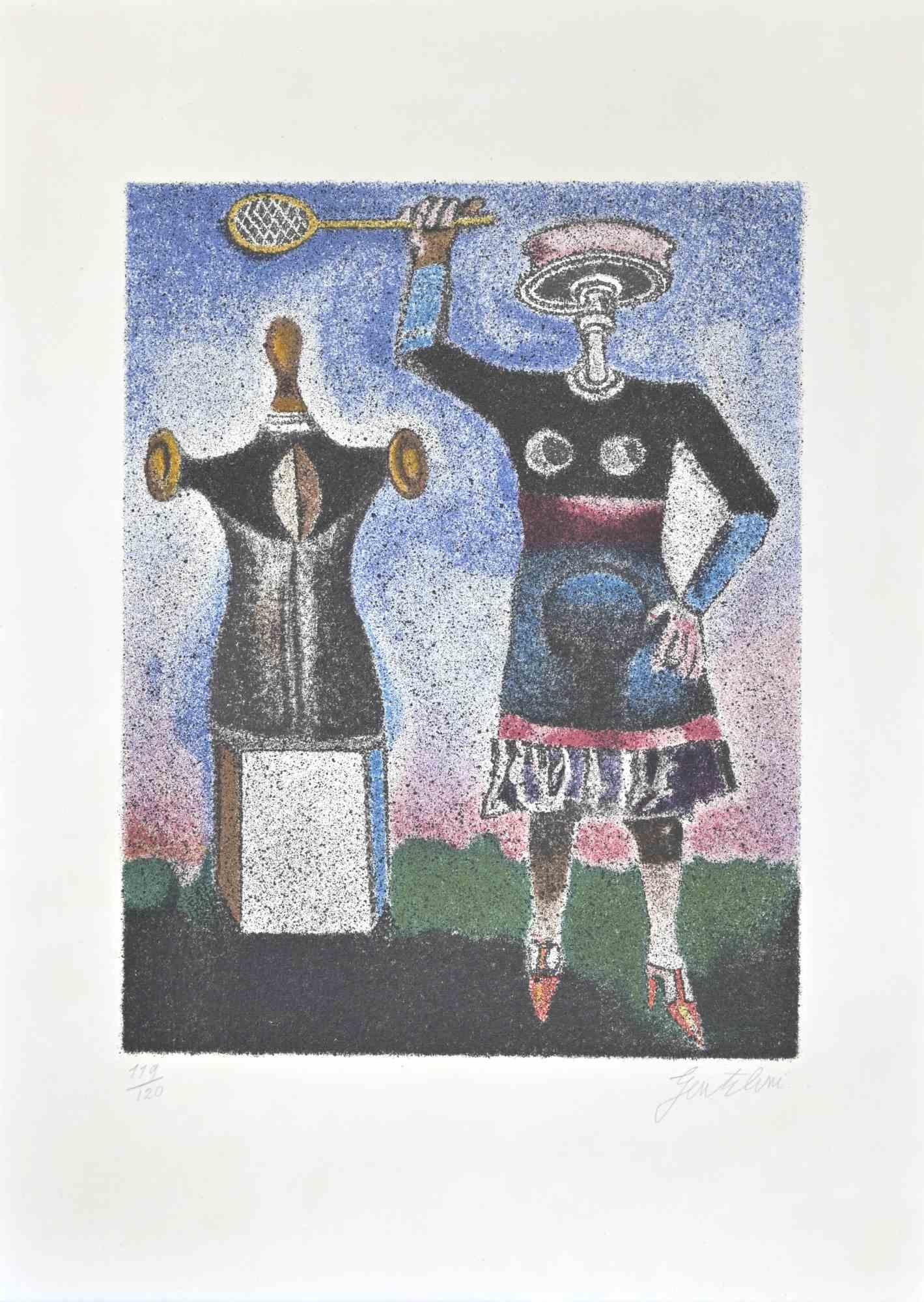Figures is a lithograph realized by Franco Gentilini. 

Handsigned  and numbered in the lower right margin.

Good conditions for a limited edition.

Franco Gentilini was born in Faenza on August 4, 1909. After attending elementary school, he began