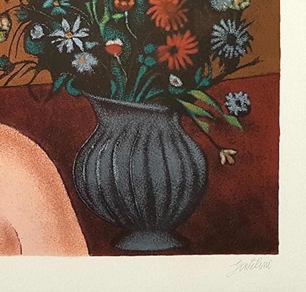 Girl with Vase of Flowers - Original Lithograph by Franco Gentilini - 1980 1