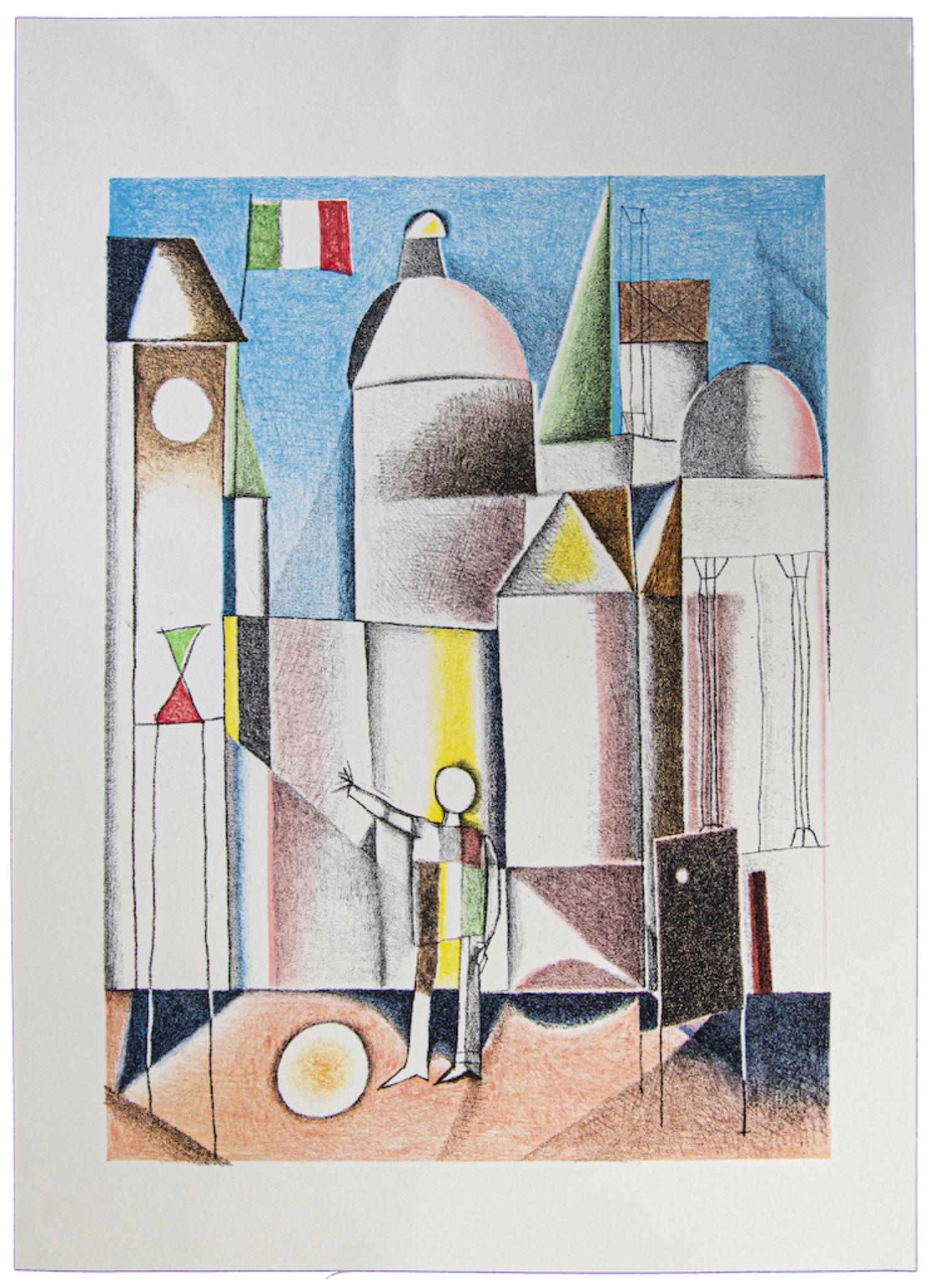 Italian City is an original Vintage Offset Print on ivory-colored paper, realized by Franco Gentilini (Italian Painter, 1909-1981), in 1970s.

The state of preservation of the artwork is excellent.

Franco Gentilini (Italian Painter, 1909-1981):
