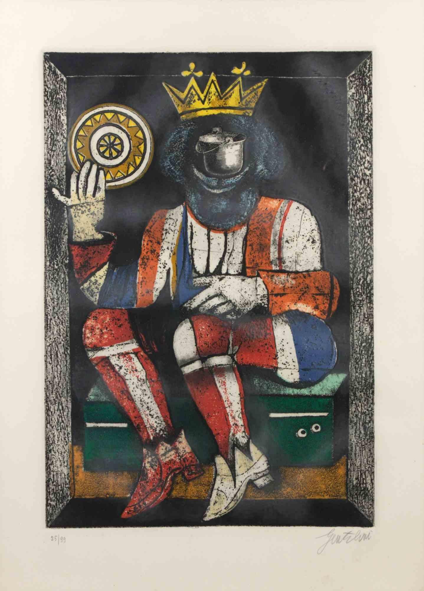 Rey de monedas es un grabado realizado por Franco Gentilini (pintor italiano, 1909-1981) en la década de 1970.

El estado de conservación de las obras de arte es bueno.

Firmado a mano.

Edición numerada de 25/99.

Franco Gentilini (pintor italiano,