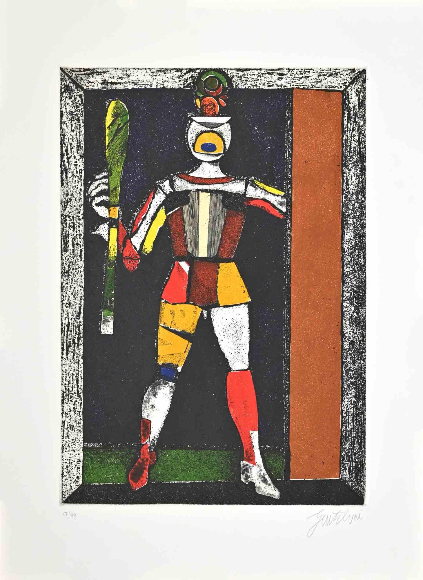 Knave of Sticks ist eine Radierung von Franco Gentilini (italienischer Maler, 1909-1981) aus den 1970er Jahren.

Der Erhaltungszustand der Kunstwerke ist gut.

Handsigniert.

Nummeriert, Auflage 17/99.

Franco Gentilini (italienischer Maler,