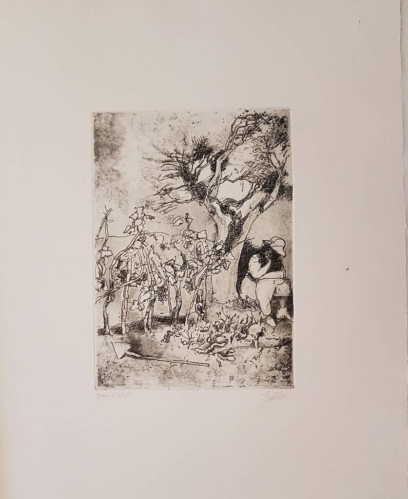 Figurative Print di Franco Gentilini - Paesaggio con vite