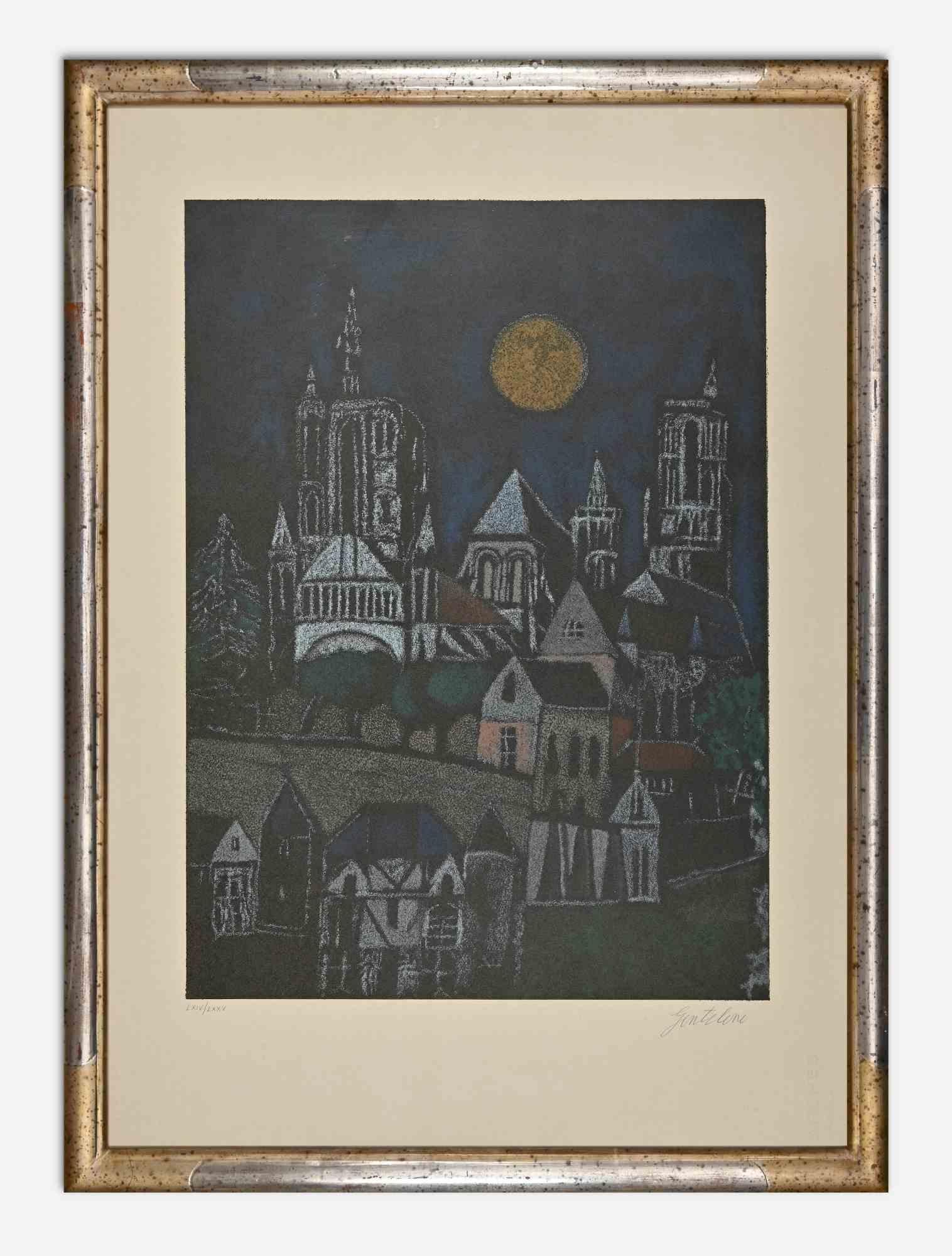Nocturnal View is an original modern artwork realized in 1970s by Franco Gentilini.

Mixed colored etching.

Hand signed and numbered on the lower margin. Edition of LXIV/LXXV.

Includes frame: 82 x 60 cm

Good conditions except for some yellowing