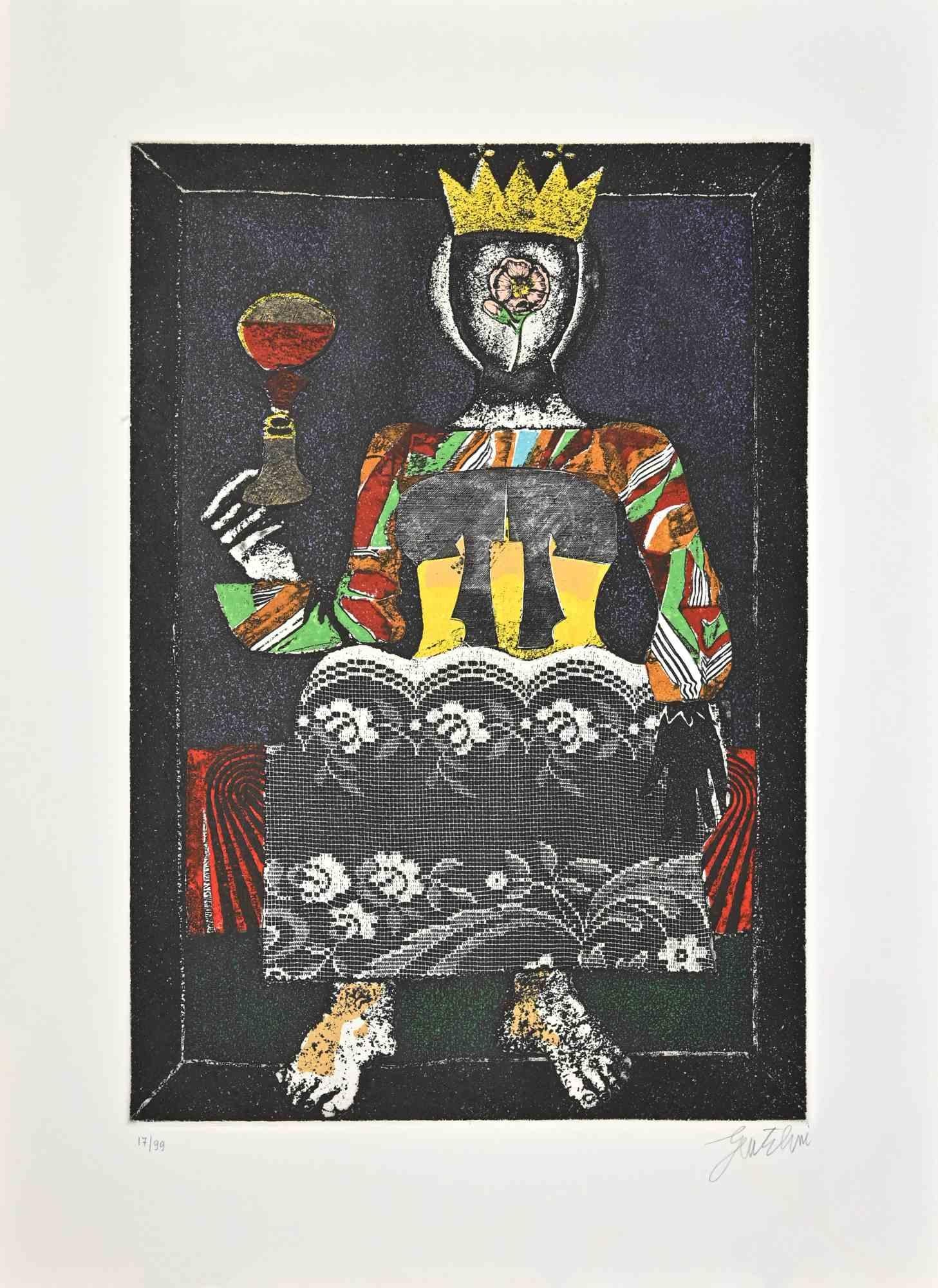 Queen of Cups ist eine Radierung von Franco Gentilini (italienischer Maler, 1909-1981) aus den 1970er Jahren.

Der Erhaltungszustand der Kunstwerke ist gut.

Handsigniert.

Nummeriert, Auflage 17/99.

Franco Gentilini (italienischer Maler,