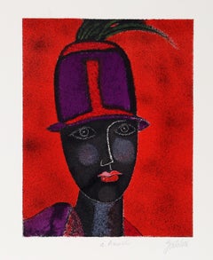 Testa con Cappello Rosso, Lithograph by Franco Gentilini